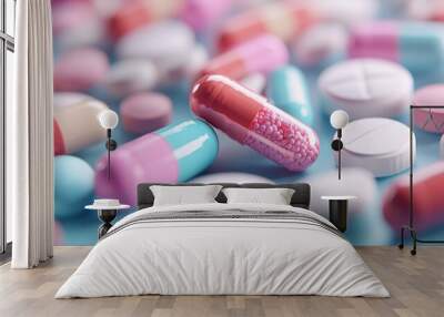 Various shapes and colors of pills and capsules are scattered on a smooth surface, representing a diverse collection of medications and supplements. Wall mural