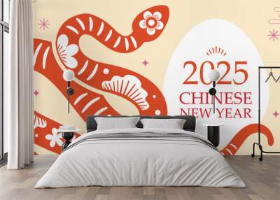 Chinese style Year of the Snake New Year greeting card vector geometric graphic design. Red snake illustration and design. Traditional Chinese red vector design with snake. Wall mural