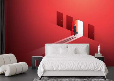 Businessman walking open door of choice path to goal success on wall red. illustration Vector Wall mural