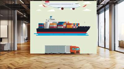 Cargo logistics truck, container ship and plane travel. illustration vector Wall mural