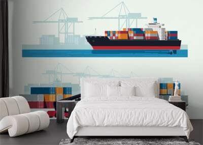 Cargo logistics truck and transportation container ship with working crane import export transport industry. illustration vector Wall mural