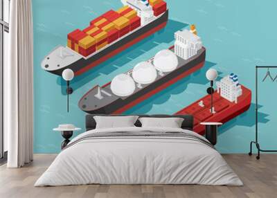 Isometric cargo ship container, oil tanker ship in the ocean transportation, shipping freight transportation. illustration vector Wall mural