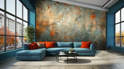 A colorful, rusty, and textured abstract wall surface with prominent cracks and weathered patterns showing a rich blend of hues including orange and blue tones. Wall mural