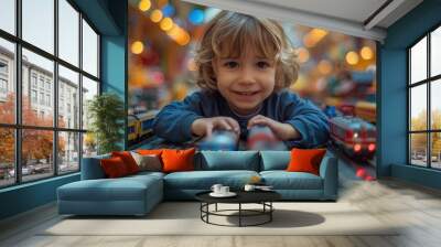 A happy child is seen playing with toy trains in a brightly lit festive room, capturing the joy and innocence of childhood and the excitement of playtime and imagination. Wall mural