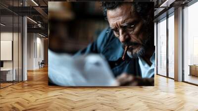 A man sitting in a dimly lit library, intently reading a document, while wearing a dark trench coat, creating an atmosphere of concentration and seriousness. Wall mural