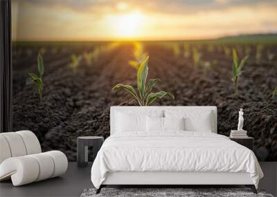 Multiple rows of tender green seedlings stretch across a cultivated field, illuminated by the golden light of the morning sun, representing growth and renewal. Wall mural