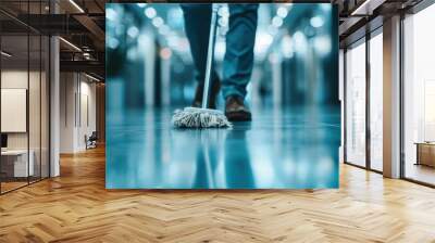 This image shows a person mopping an extremely wet floor in a brightly lit hallway, emphasizing cleanliness and the reflective floor surface with blue and white tones. Wall mural