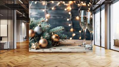 A table adorned with Christmas decorations, including a bunch of ornaments and pine cones, alongside three champagne glasses. The scene for holiday celebrations and toasting Wall mural