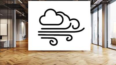 Black and white vector illustration of a windy day with a cloud in the sky on transparent background. The wind is blowing in a curved line, and the cloud is in the middle of the sky. Wall mural