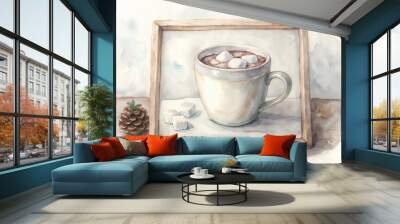 Framed watercolor painting of hot cocoa with marshmallows in soft pastel tones Wall mural