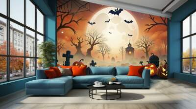 Whimsical Halloween scene with pumpkins, bats, and haunted house Wall mural