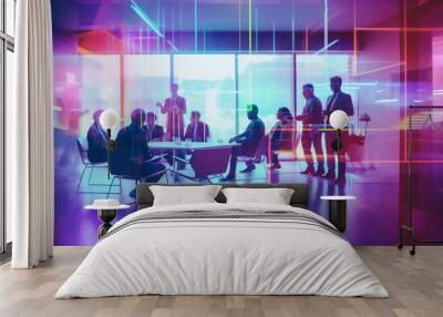 Business people meeting in room with colorful overlay, Modern tech office conference concept | Generative AI Wall mural