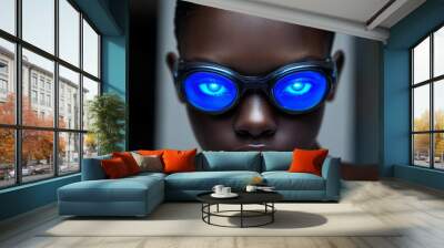 Enigmatic portrait of woman person with glowing neon blue eyes in dark cybernetic futuristic setting Wall mural