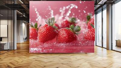 Fresh ripe strawberries in row with splashing water droplets on vibrant red background Wall mural