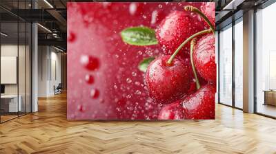 Juicy red cherries with water droplets and splash, Fresh ripe organic cherries closeup refreshing freshness Wall mural