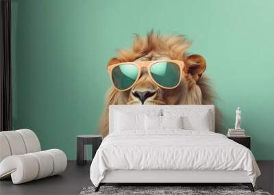 Lion wearing orange sunglasses, Zoo animal in shades on minimal background, Editorial animal concept | Generative AI Wall mural