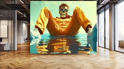 Quirky man in yellow suit and skull mask sitting in shallow water, Odd unusual and weird lifestyle concept Wall mural