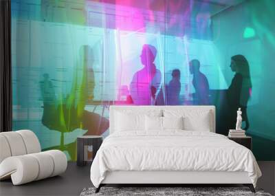 Silhouette of tech workers with colorful double exposure, Team meeting room concept | Generative AI Wall mural