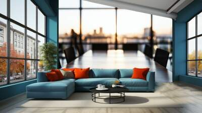 Symmetrical empty boardroom table at dawn, Corporate meeting room with soft focus background, Silhouette office chairs and urban windows Wall mural