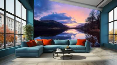 Scottish beautiful colorful sunset landscape with Loch Voil, mountains and forest at Loch Lomond & The Trossachs National Park Wall mural