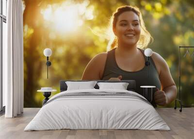 Close-up view of an overweight woman running through the park and smiling. Wall mural