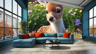 A cute little baby deer, beautiful flowers in a meadow 5 Wall mural