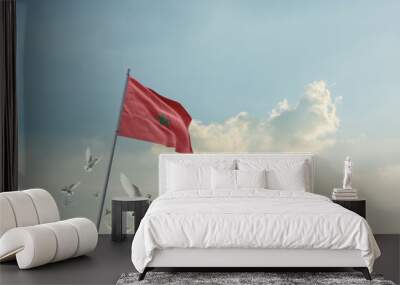 Morocco flag waving with flying doves in beautiful sky. Morocco flag for Republic Day and Independence Day. Wall mural