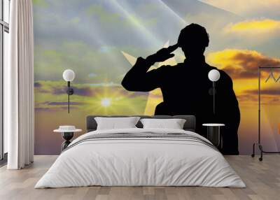 Silhouette of a soldier with a background of the Somalia flag and a sunset or sunrise. Concept of national holidays. Commemoration Day. Wall mural