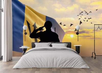 Silhouette of a soldier with the Barbados flag stands against the background of a sunset or sunrise. Concept of national holidays. Commemoration Day. Wall mural