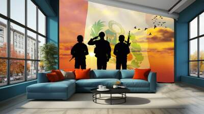 Silhouettes of soldiers with a background of the Peru flag and a sunset or sunrise. Concept of national holidays. Commemoration Day. Wall mural