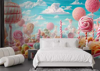 A candy and sweet themed fantasy world with attractive and bright multi-colored buildings and plants. Full of joy and happiness. Wall mural