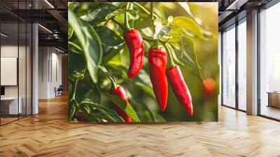 A Close Up of Chili Peppers Growing on a Farm Wall mural