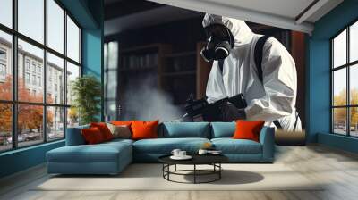 A guy from the pest control service in a mask and a white suit Wall mural