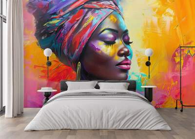 Abstract painting concept. Colorful art portrait of a black woman with modern turban Wall mural