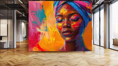 Abstract painting concept. Colorful art portrait of a black woman with modern turban Wall mural