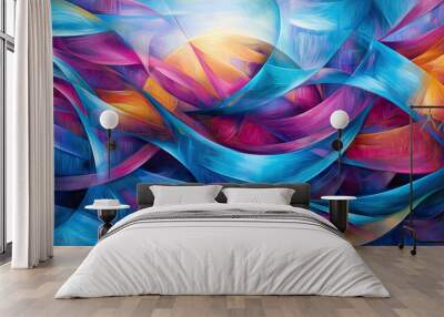 Abstract Vibrant Depiction of Earth Embraced by Sweeping Geometric Ribbons in Shades of Blue and Purple, Dynamic Global Design, Modern Art, Futuristic Visuals, Geometric Patterns, Colorful Background Wall mural