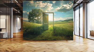 An open door stands in a green landscape Wall mural