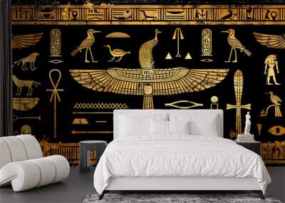 Ancient Egyptian hieroglyph drawings on black background  Wall mural