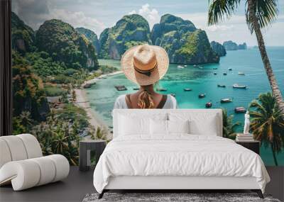 Back view of a traveler woman at beautiful island Wall mural