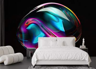 Bold holographic liquid blob shape isolated. Iridescent wavy melted substance on black background	 Wall mural