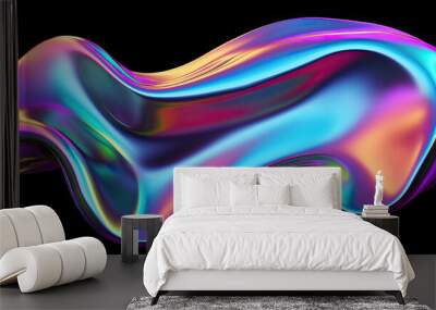 Bold holographic liquid blob shape isolated. Iridescent wavy melted substance on black background	 Wall mural