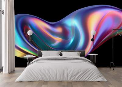 Bold holographic liquid blob shape isolated. Iridescent wavy melted substance on black background Wall mural