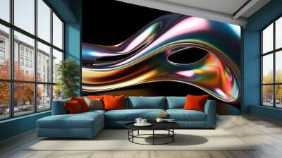 Bold holographic liquid blob shape isolated. Iridescent wavy melted substance on black background Wall mural