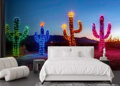 Cactus with Christmas Lights in the Desert at Night, with Mountains in the Background: Festive Desert Scene, Holiday Spirit in Nature Wall mural