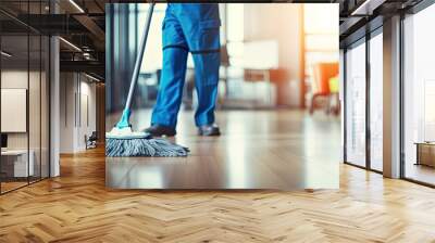 Cleaning service worker with mop in office closeup Wall mural