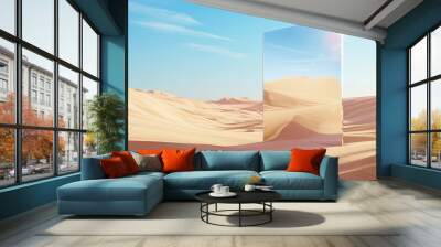 Desert landscape with sand and square mirror under the clear blue sky Wall mural