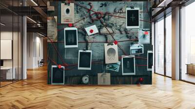 Detective Board with Fingerprints, Photos, Map, and Clues Connected by Red String: Investigative Work, Crime Scene Analysis, Mystery Solving Display Wall mural