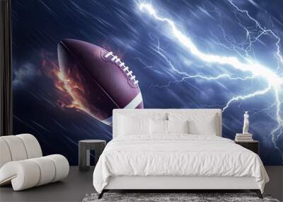 Flying American Football with Lightning on Dark Background, Energy Flash and Light Effects, Dynamic Football Burst, Intense Light and Thunder Visual, High-Impact Sports Design, Dramatic Lightning Wall mural