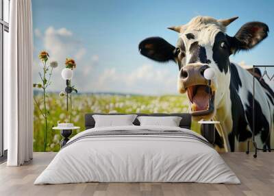 Funny black and white cow looks at the camera and laughs on a green meadow under a blue sky Wall mural