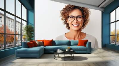 Happy satisfied woman wearing glasses portrait on white background Wall mural